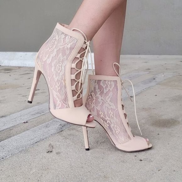 Women Ankle Open Toe High Heel Booties Lace Up Nude Color - Picture 5 of 6